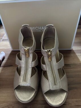 Michael Kors Metallic Gold Front-Zip Wedge Sandals